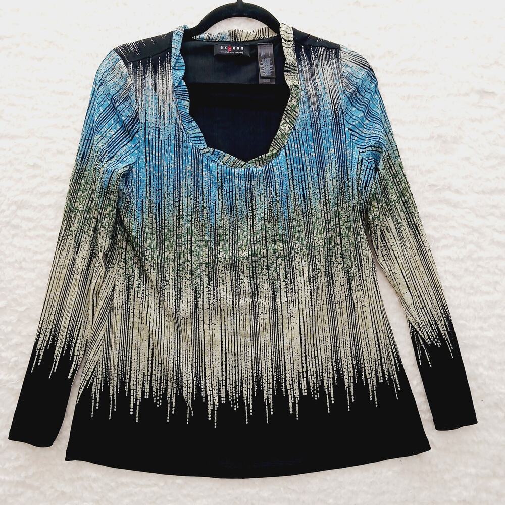 Blouse Ombre Blue Lined Indie Liz Clairborne Retro Luxe Artsy Teacher Y2K Size L